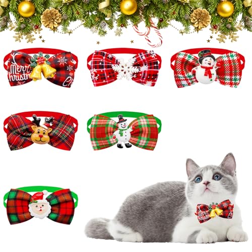 Bekecidi 6 Pack weihnachtliche Hundefliegen, Katzenhalsband Schneemann Weihnachtsbaum Elchmuster Fliegen für Hunde Katzen Haustiere Weihnachtsfest Dekorationszubehör