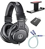 Audio-Technica ATH-M30x Professional Studio Monitor Headphones (Black) Bundle with Blucoil Aluminum Dual Suspension Headphone Hanger, USB Audio Adapter, and Y Splitter for Audio, Mic
