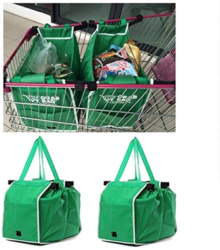 RARA® 2 Pack Reusable Grocery Bags Shopping Trolley Bags ~ Supermarket Shopping Grocery Grab Clips Box Multi-Use Bag with Handles, Green
