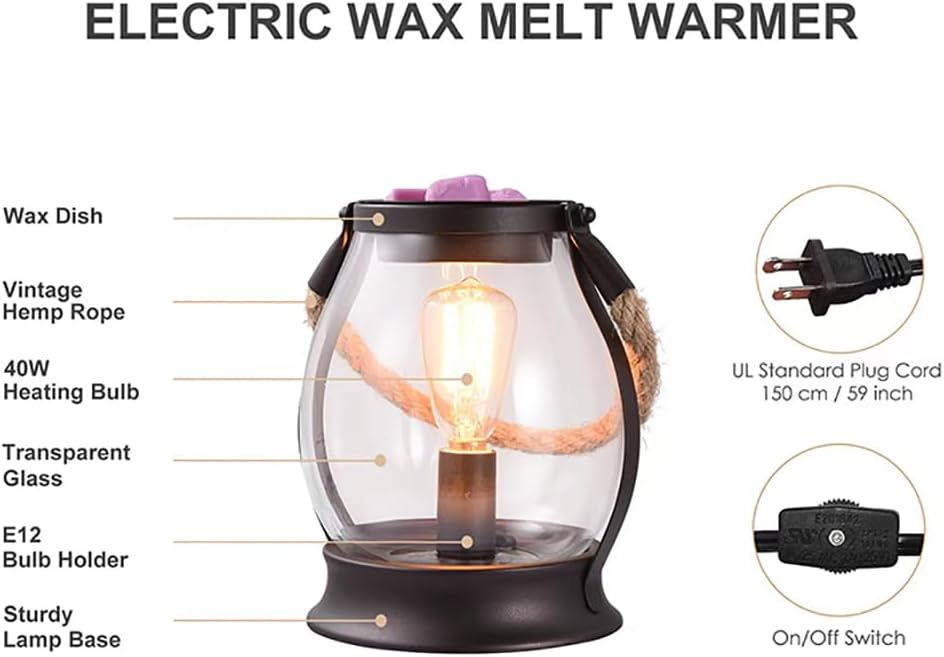 Electric Wax Melt Warmer, Farmhouse Wax Warmer with Twine Handle & Edison Bulb, Flameless Oil Burner for Scented Wax, Retro Decor Night Light for Home – Ideal Gift for Women Family