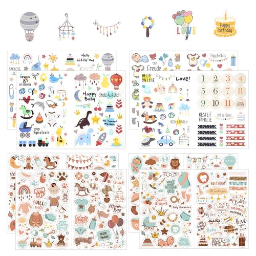 8 Sheets Baby Album Stickers, Waterproof Scrapbook Stickers, Self Adhesive, with Cute Cartoon Pattern, Sticker for Baby Shower Party, DIY Crafts, Journal, Scrapbook Supplies