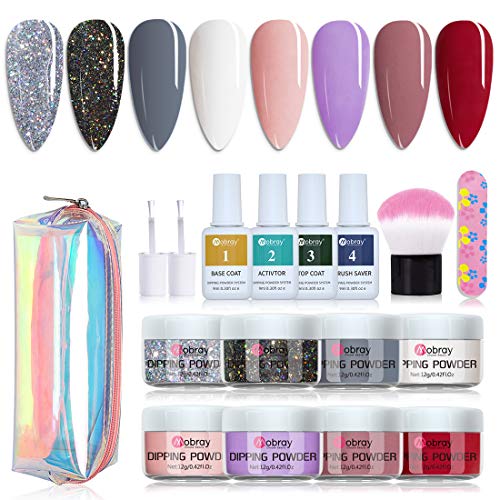 Mobray Dipping Powder Nail Kit 8 Colors Dip Powder System Starter Kit for French Nail Manicure Nail Art Set Essential Kit, No UV/LED Nail Lamp Needed(Kit 1)