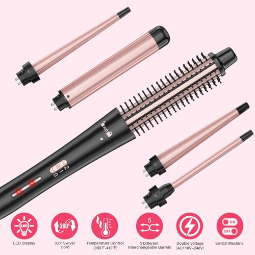Image of 5 in 1 Curling Wand Set with Thermal Brush & Ceramic Barrels (0.35 inch-1.25 inch), Instant Heat Up, Dual Voltage Hair Curler, Perfect for Long Short Hair, and All Hair Types, Gift for Women