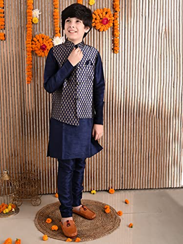 Image of LILPICKS Boys Solid Kurta Pyjama Set with Printed Nehru Jacket (Blue Golden)
