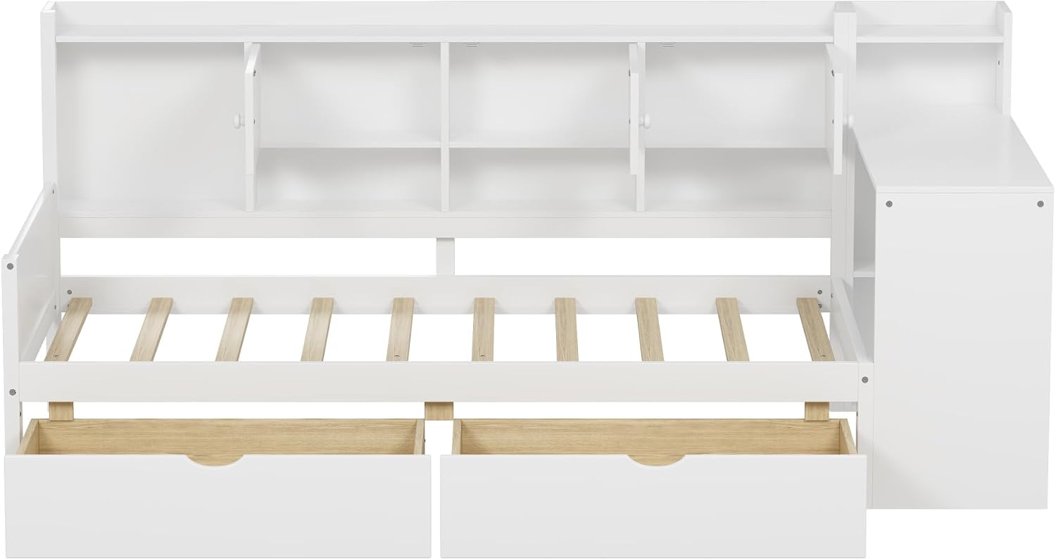 Twin Size Daybed with Storage Drawers, Adjustable Placement Desk and Cabinets, Wood Corner Bed with Shelves Bookcase Headboard for Kids Boys Girls Teens, White