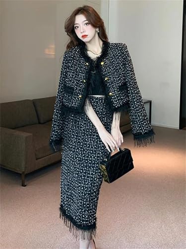 Women's Vintage Tweed Two Piece Sets Outfits Chic Fringed Jacket Coat +Bodycon Long Skirt Skirt Suits3