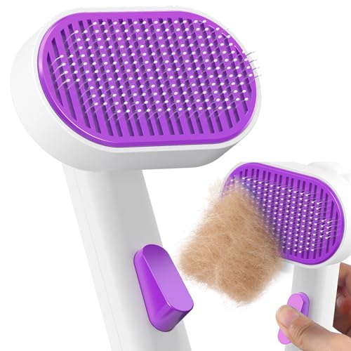ACE2ACE Cat Brush, Dog Brush for Shedding, Self-Cleaning Slicker Brush, Cat Comb Dog Comb, Pet Grooming Tool for Long and Short Hairs, Gently Removes Loose Undercoat, Mats and Tangled, White+Violet