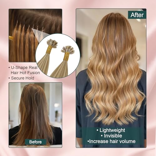 Image of Easyouth 20 Inch U Tip Human Hair Extensions Blonde, Hot Fusion Hair | Highlight U Tips Hair Extensions, 50G 50S, Dark Ash Blonde with Golden Blonde, Professional Salon Recommended