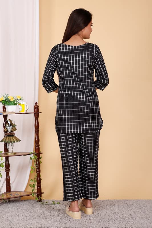 KRISHANG Sleep Comfort Cotton Shirt and Payjama Set for Girls | Night Suit Set| Sleep Wear Dress | Cotton Night Suit | Full Length Payjama Set for Women and Girls_NGT-LONG-BLK