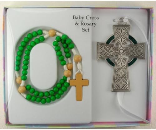 Baby Cross & Rosary Set - Celtic Cross with Green Wooden Rosary (McVan BS34) by KeegansCatholicTreasures