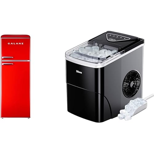 Galanz GLR12TRDEFR Refrigerator, Dual Door Fridge, Adjustable Electrical Thermostat Control & Silonn Ice Maker Countertop, 9 Cubes Ready in 6 Mins, 26lbs in 24Hrs, Self-Cleaning Ice Machine