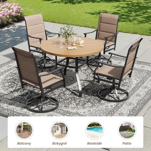 Image of Soohow Patio Dining Set for 4, 5-Piece Round Outdoor Dining Set 4 x Swivel Patio Chairs and 41 inch Round Outdoor Dining Table with 1.57 inch Umbrella Hole, Wood-Like, for Poolside, Backyard