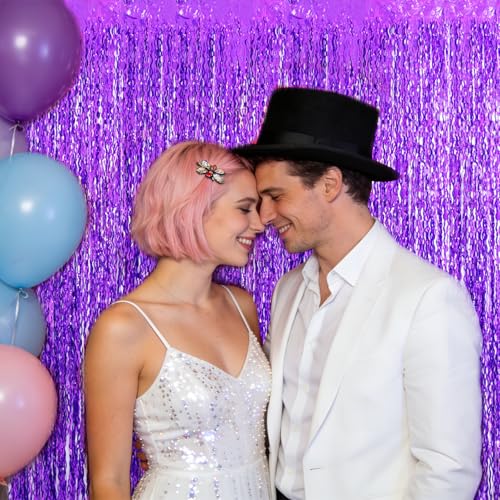 Image of TONIFUL 2Pcs Wavy Purple Door Streamers,Black and Pink Photo Booth Backdrop Metallic Streamers Foil Fringe Curtain for Birthday,New Year,Graduation,Grad,Baby Shower Party Streamers Decoration