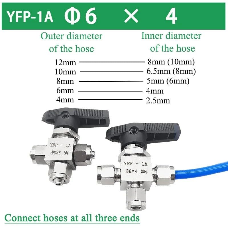 Dado di bloccaggio rapido con valvola a sfera in acciaio inossidabile a 3 vie for foro tubo in PTFE PU 4-12 mm(SS316,12x8mm)