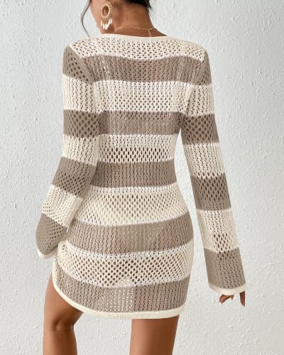 Image of Bsubseach Women Swimsuit Crochet Coverup Long Sleeve V Neck Beach Dress