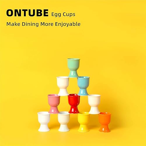 Vista 4 de ONTUBE Vasos de huevo de porcelana, soporte de huevo de cerámica para huevos duros, juego de 8, MixColor