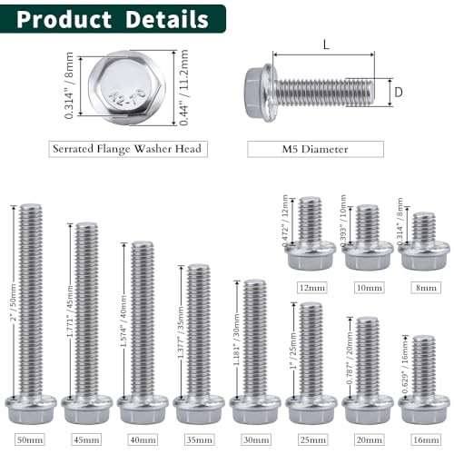 Image of M5-0.8 x 35mm Hex Flange Bolt (1.38 inch Thread Length), DIN6921, Serrated Locking Flange, 304 Stainless Steel, UNC Full Thread, 30-Pack