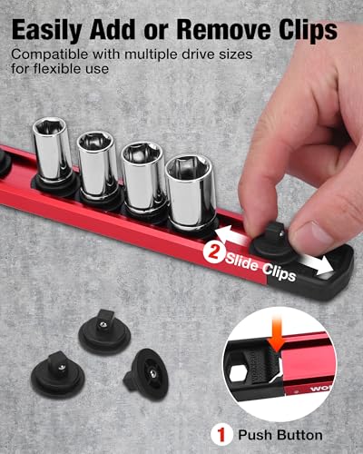 Image of WORKPRO Magnetic Socket Organizer, 1 /4 inch Drive Aluminum Alloy Socket Holder with 12PC Removable Socket Clips for Quick Customization, Socket Rail for Tool Box Drawer (Sockets Not Included)