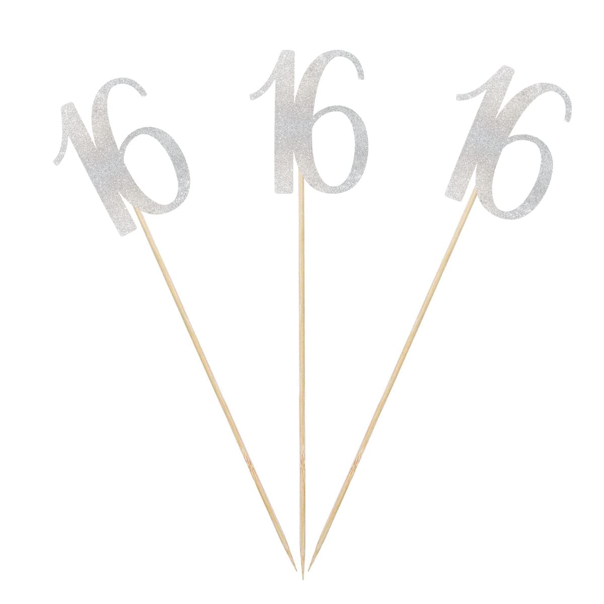 Silver Glitter 16th Birthday Centerpiece Sticks, 12-Pack Number 16 Table Topper Anniversary Party Decorations