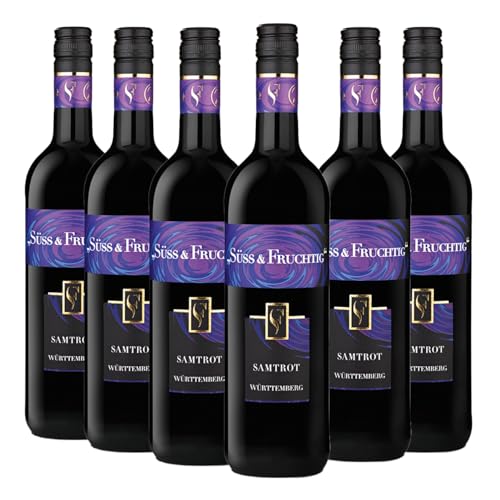 WZG Württemberger Wein Samtrot SÜSS und FRUCHTIG - Qualitätswein (6 x 0.75 l) - Leichter Rotwein mit Restsüße, Fliederduft und kräftigem Kirschrot