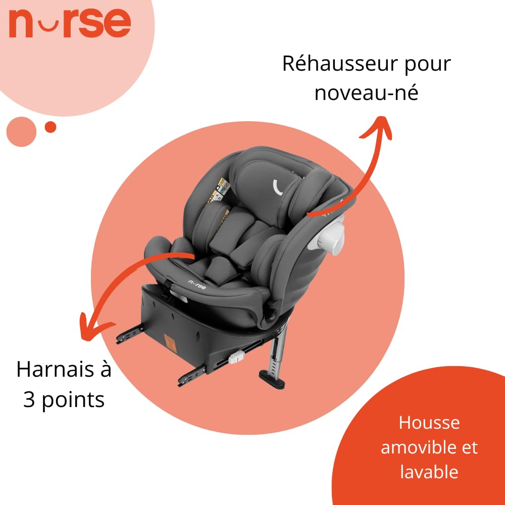 Nurse Titane Siège Auto i-Size 40–150 cm, Pivotant 360º, ISOFIX et Jambe de Support, Dos à la Route et Face à la Route, Protection Latérale, Gris