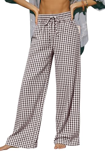 LYHIPSS Gingham Pants Women Lounge Spring Summer Plaid Checkered Pants Wide Leg Palazzo PJ Boxer Bottoms Brown White Plaid M