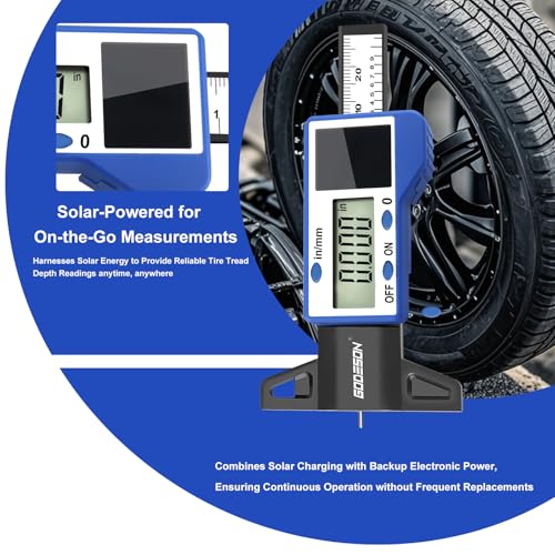 Image of GODESON Digital Tire Tread Depth Gauge - Solar & Battery Hybrid, Inch /MM Modes, 1 inch /25.4mm Range, Blue Accurate Tread Depth Gauge Tool for Cars, Trucks & Motorcycles Tire Wear Check
