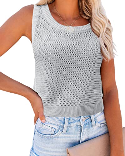 Image of FISACE Womens Crochet Tank Top Sleeveless Knit Summer Sweater | Round Neck, Hollow Out, Lightweight , Casual Crop,Cute Boho Vest