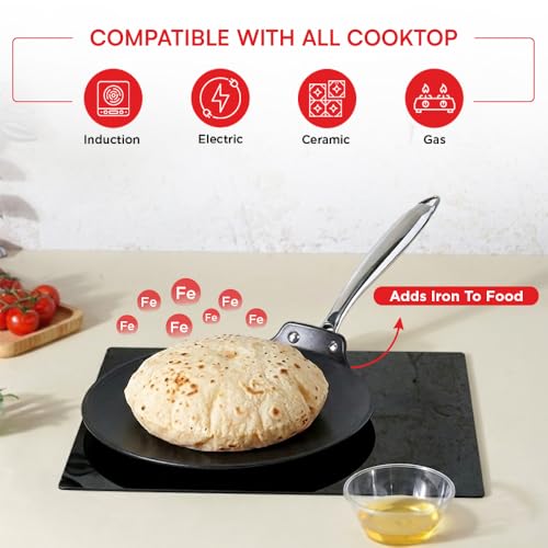 Image of Vinod Ferona Lightweight Cast Iron Roti Tawa - 26 cm | No Seasoning Required | Naturally Stick-Free | Steel Riveted Handle | Metal Spoon Safe | Gas Stove Compatible | No PTFE & PFOA | 2-Year Warranty