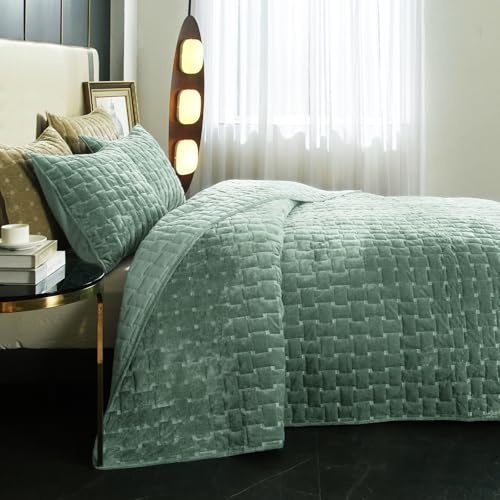 Powdion Velvet Quilt Queen Size, Oversized Bedspread Coverlet Quilted Bedding Set, Full Lightweight Velvet Comforter Set Luxury Coverlet Set for All Season with 2 Pillow Shams, Aqua Green