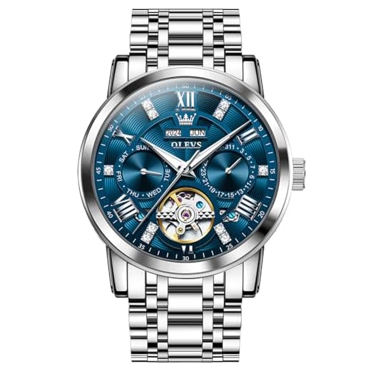 OLEVS Relógio masculino de luxo automático mecânico azul/preto/branco/cinza com diamantes turbilhão à prova d'água relógio de pulso executivo, Pulseira de aço - caixa prateada - mostrador azul