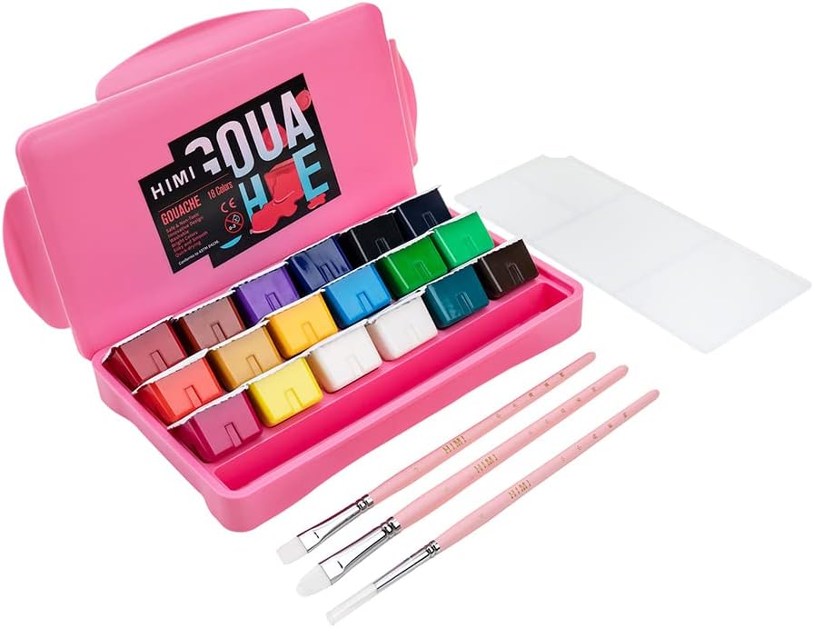 HIMI Gouache Paint Set, Set of 18 Colors (30ml/Pc) , New Unique Jelly Cup Design , Art supplies for Artist, art lover & Kids, Ideal for Canvas Painting, With Pen Slot (pink)
