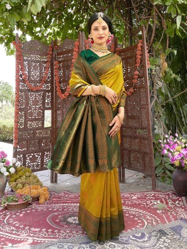 Image of Women's Soft Art Silk Kanjivaram Saree and Unstitched Blouse Piece with Floral Rich Pallu and Jacquard Jari Work On All Over | South Indian Saree
