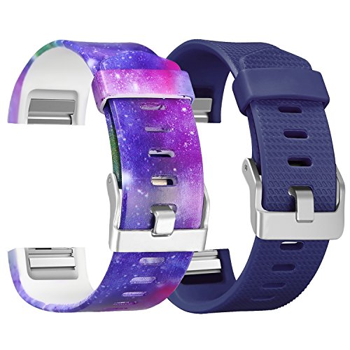 SKYLET for Fitbit Charge 2 Bands, Silicone Replacement Accessories Straps for Fitbit Charge 2 Universe Bracelet(No Tracker)[2PC: Universe+Blue, Small]