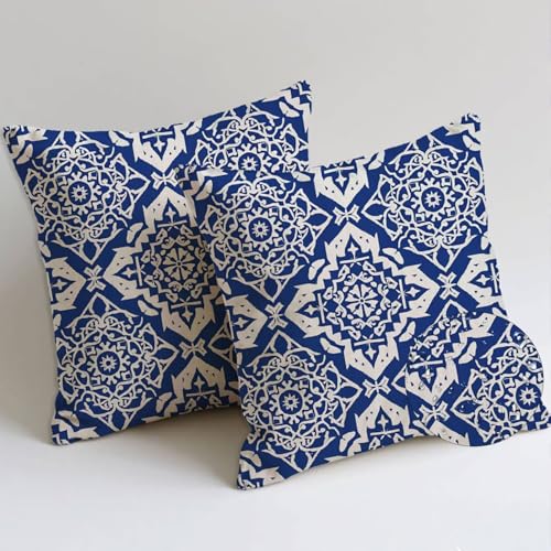 Cojines Exterior Impermeable Azul Grandes Fundas Cojines 50x50 cm Impermeable Felpa Corta Suave Almohada Juego de 2 Bohemio Cojín Lumbar para Garden Terraza Sillas Verano Fall Decorativos, Regalo C908