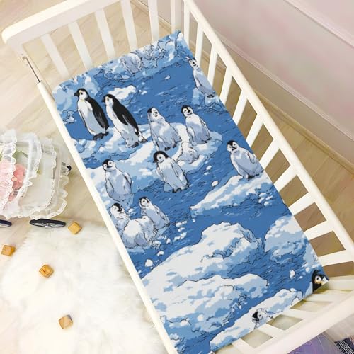 Image of Crib Sheet Breathable Soft Crib Mattress Sheet for Baby Toddler Boys Girls Fitted Crib Sheet Fit Standard Crib Mattress 52 x 28 Inch Blue Penguins Ice Floes Snow Water