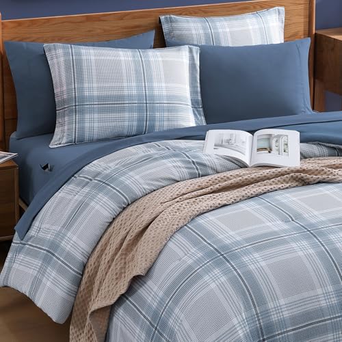 Image of MaiReve Plaid Full Comforter Sets, Light Blue Grid Farmhouse Bedding Set Bed in A Bag, Classic Checkered Comforter Sets with Fitted & Flat Sheet, Pillowcases & Shams(Light Blue, 80 inchx90 inch)