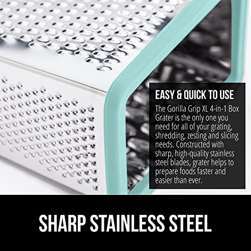 GORILLA GRIP 4-Sided 100% BPA-Free Cheese Grater With Container, Stainless Steel XL Box Graters, Parmesan Shredder, Grate Cheeses, Shred Veggies, Slip Resistant Handle, Dishwasher Safe Zester, Mint