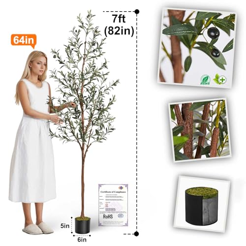 Image of Aveyas 7ft Artificial Olive Tree for Home Decor, 7 Feet Large Faux Plant Fake Skinny Silk Trees with Black Olivo for Indoor Outdoor House Living Room Office (7 ft Tall)
