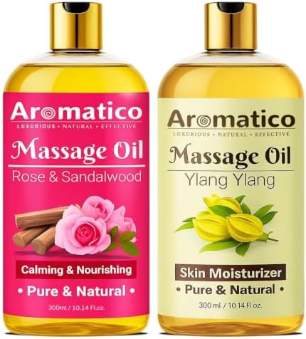AROMATICO Rose Sandalwood & Ylang-Ylang Massage Oil | For Mood Upliftment, Muscle Relaxation & Skin Nourishment, 100% Natural Aromatherapy | Deep Hydration and Non-Sticky - 300ml (Pack Of 2)