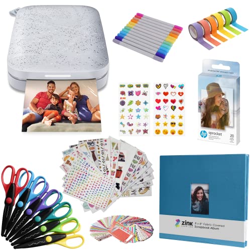 HP Sprocket Portable 2x3 Instant Photo Printer (Luna Pearl) Bundle: Stickers, Markers, 20 Pack Zink Paper, Scrapbook, Stickers, Scissors