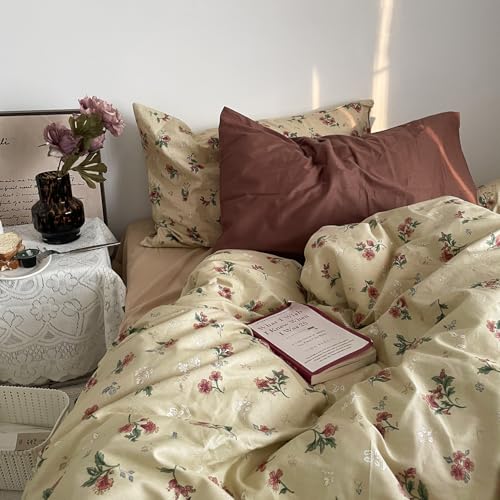 Image of MKXI Yellowish Beige & Red Floral Duvet Cover Set Twin Size - 3 Piece Vintage Country Bedding Set with Floral & Green Leaf Patterns, 100% Cotton Soft Aesthetic Duvet Cover with Ties & Pillowcases