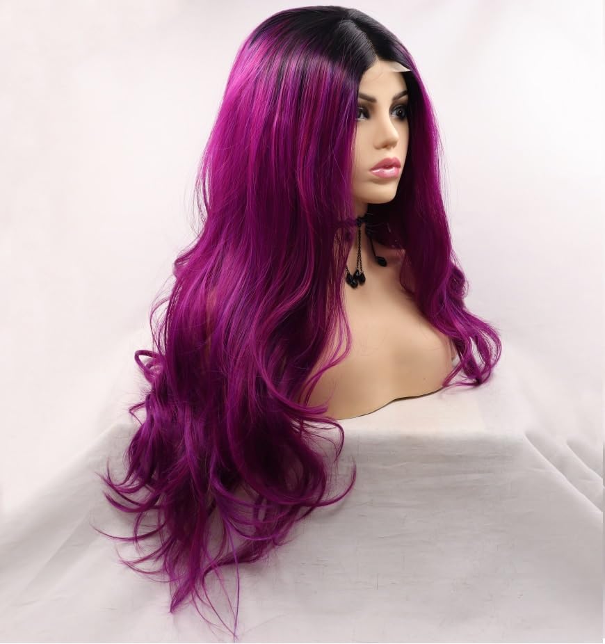 Xiweiya Long Purple Lace Front Wig Dark Roots Piano Color Highlight Purple Hair Middle Part Synthetic 4x1U Part Lace Full Wigs Natural Hairline Heat Resistant Hair 150% Density Wig for Women 26Inch - Image 3
