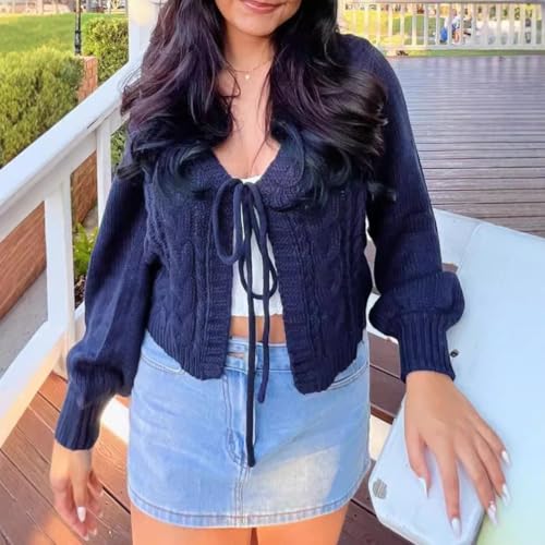 Women's Solid Long Sleeve Tie Front Sweater Cardigans, Casual Comfort V Neck Bishop Sleeve Crochet Knitwear Tops4