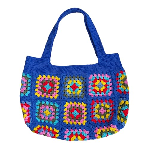 Royal Blue Granny Square Shoulder Bag, Women’s Crochet Afghan Hobo Bag, Handmade Hand Knitted Bohemian Beach Purse, Summer Fashion Knitting Tasche, Y2K Outfit Cotton Woven Tote Handbag