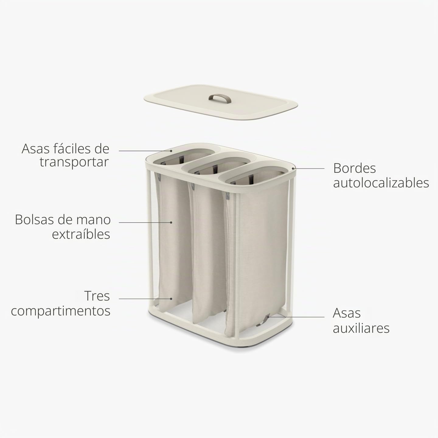 Joseph Joseph Tota Trio, Cesto de la ropa sucia con tapa, 90 litros, sistema de separación colada con 3 bolsos extraíbles con asas, Beige