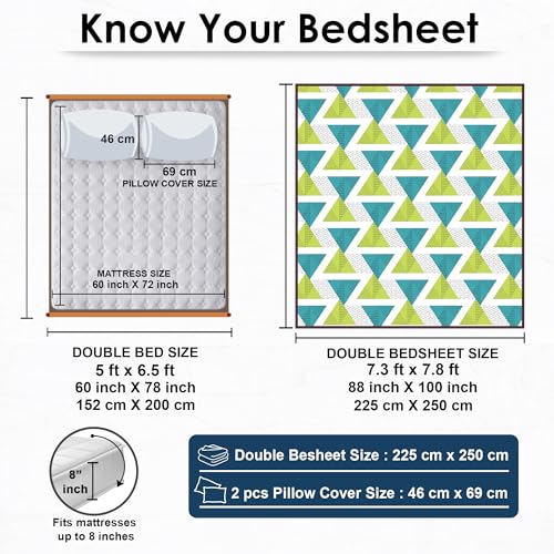 Image of Story@Home 144 TC Cotton Queen Size Bedsheet 88 x 100 Inche Geometric Printed Soft Flat Sheet with 2 Pillow Covers 18 x 28 Inch -Green & Blue