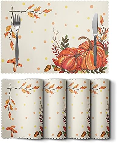 Fall Placemats Set of 4 Kitchen Decor Washable Autumn Harvest Pumpkin Thanksgiving Placemats 12x18 Inch Suitable for Indoor Kitchen Dining Table