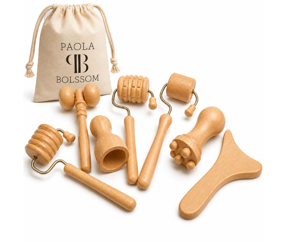 Set de 7 Piezas de Maderoterapia Facial en Madera de Haya Natural | Kit Masaje Facial con Mini Copa Sueca, Rodillo Contorno de Ojos, Tabla Facial y Herramientas de Drenaje | Rutina Facial y Bienestar