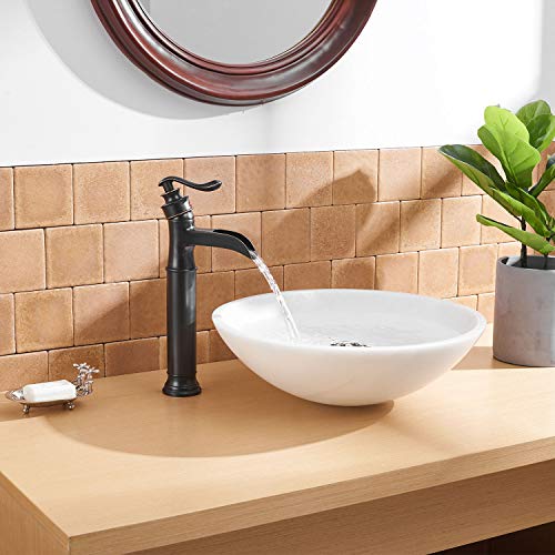 Bwe Vessel Sink Faucet Oil Rubbed Bronze Farmhouse Waterfall Spout Tall Body Single Hole With Brass Pop Up Drain Assembly Without Overflow Antique Bathroom Rustic Lavatory Vanity Faucets Commercial #TOP6